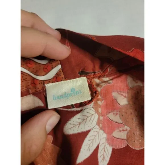 Handprint Red Floral Short Sleeve Tie Up Robe 100%‎ Cotton Bath Robe - Picture 6 of 9